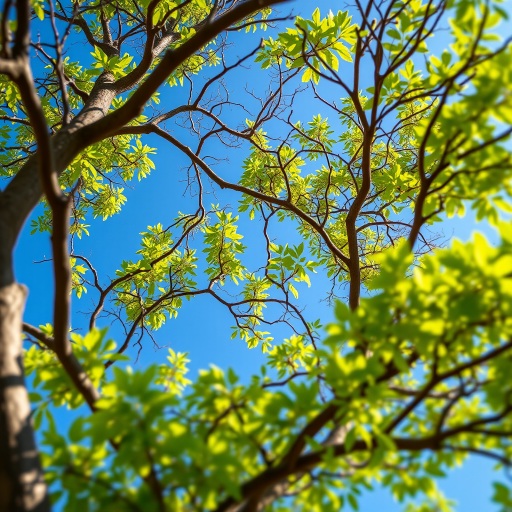 Create a highly detailed and vibrant illustration of a tree with intricate branches, bright green leaves, and a clear blue sky in the background, using a Canon EOS R5 with a 50mm f/1.2 lens, ISO 100, f/8 aperture, and a shallow depth of field for a soft-focus background.