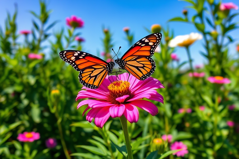 Generate an image of two monarch butterflies resting on a vibrant pink flower in a sunny garden setting, with clear blue skies in the background and lush green foliage surrounding the scene.