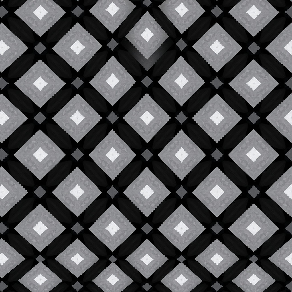 Create a high-resolution image of a repeating diamond pattern with a black and white color scheme, using a DSLR camera with a 50mm lens, aperture set to f/8, ISO 100, and a slight vignette to enhance contrast and depth.