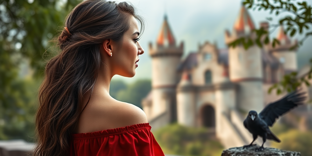 A young woman in a red off-shoulder dress gazing towards a historic castle with a raven nearby, shot with a Canon EOS 5D Mark IV, 50mm lens, f/1.8, ISO 100, natural light, soft focus background, high dynamic range.