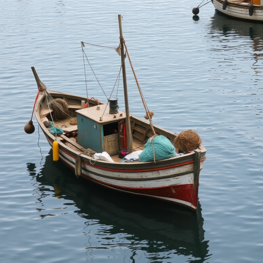 Rustic fishing boat bobbing in a quiet harbor, with nets and gear scattered around, evoking a sense of tranquility and the beauty of simple living.