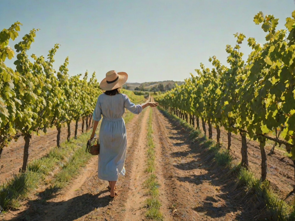 Sunny vineyard, rows of grapevines stretching out beneath a clear blue sky, a woman in a wide-brimmed hat walks between the rows, her hand gently brushing the ripe fruit.