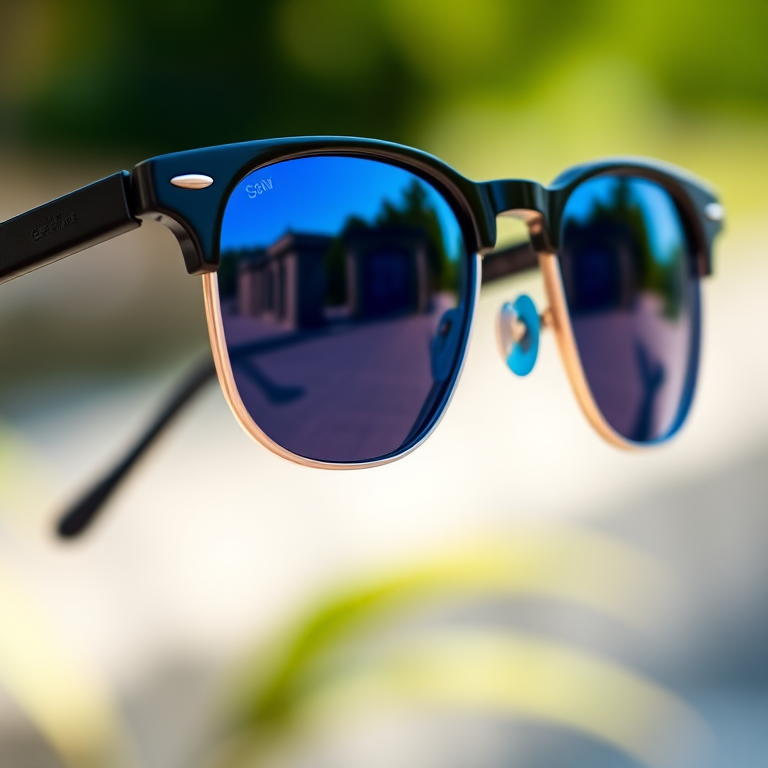 Create an ultra-realistic image of stylish black sunglasses with blue tinted lenses, shot with a Canon EOS R5 at f/2.8, ISO 100, 1/200 sec, in a close-up view against a blurred outdoor background, using a soft natural light style for enhanced contrast and clarity.