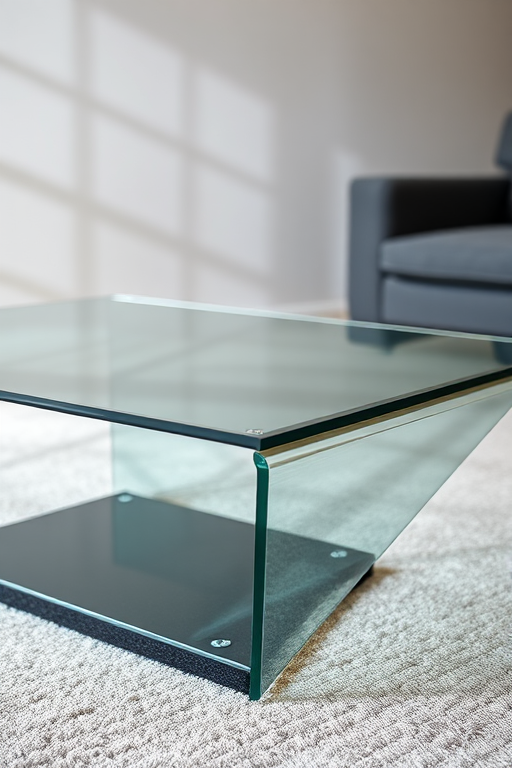 generate a high-resolution image of a modern glass coffee table with a sleek design, using a DSLR camera, focal length of 50mm, aperture set to f/2.8, ISO 100, and a slight angle view to highlight the table's features