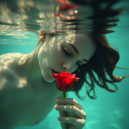 A woman underwater, gazing at a rose Her face is reflected in the water's surface The scene is illuminated by sunlight filtering through the water The atmosphere is serene and contemplative