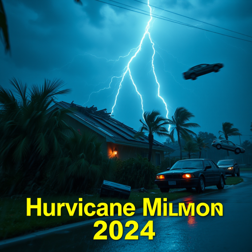 Hurricane Milton blows a roof off a home. Strong winds and rain blows sideways. Palm trees uprooted and bent over. Cars flying through the sky with debris. Sky is dark with thunder storms. Lightning strikes are fluorescent blue. Add text Hurricane Milton 2024
