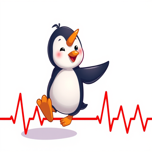 Create a high-resolution cartoon penguin balancing on a stylized heartbeat line, with vibrant colors and a playful expression, captured in a digital illustration style using a Canon EOS R5 camera with a 24-70mm f/2.8 lens at ISO 100, aperture f/4, and a wide-angle view to enhance detail and clarity.