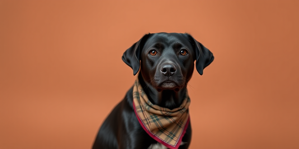 portrait of a black dog wearing a bandana sitting against a soft brown background, captured with a Canon EOS R5, 50mm lens, f/1.8 aperture, ISO 100, shutter speed 1/200 sec, natural lighting, shallow depth of field