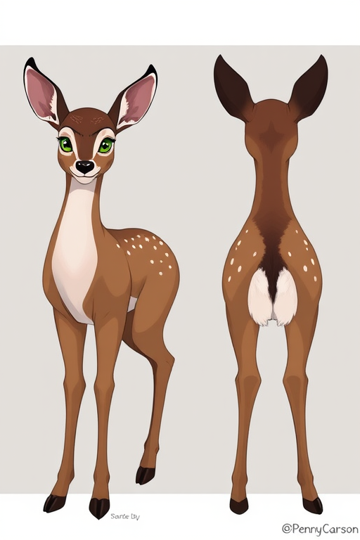 front view, side view, back view, multiple views, reference sheet, full body, source_furry, PennyCarson, deer, ebonytails, female, freckles, green eyes