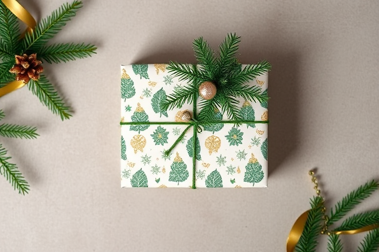 Capture a top-down view of a beautifully wrapped holiday gift featuring green and gold accents, with a small decorative ornament, using a DSLR camera at f/2.8 aperture, ISO 100, and a shutter speed of 1/60 sec to enhance clarity and detail on a neutral background.