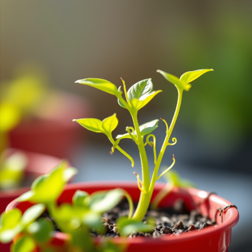 Create a vibrant digital illustration of a green plant sprouting from a red pot, with detailed leaves and tendrils, shot from a close-up angle using a Canon EOS 5D Mark IV with a 50mm f/1.8 lens at f/2.8, ISO 100, in natural light to enhance color saturation and focus.