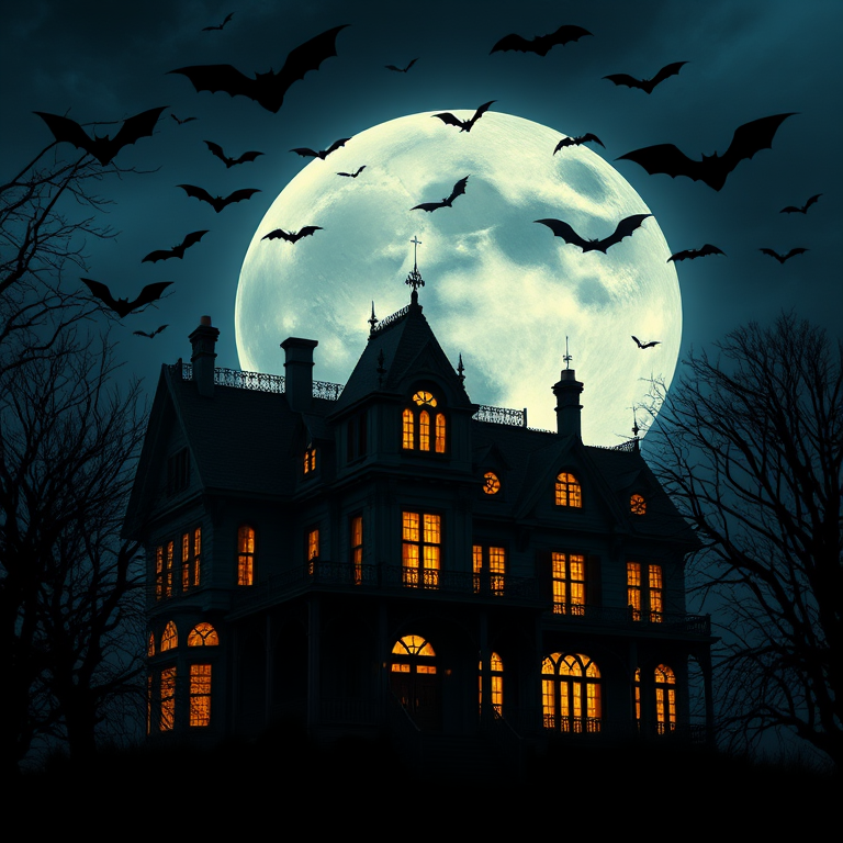 A dark and eerie haunted mansion illuminated by glowing windows with an oversized full moon in the background surrounded by flying bats and silhouetted trees in a moody twilight setting.
