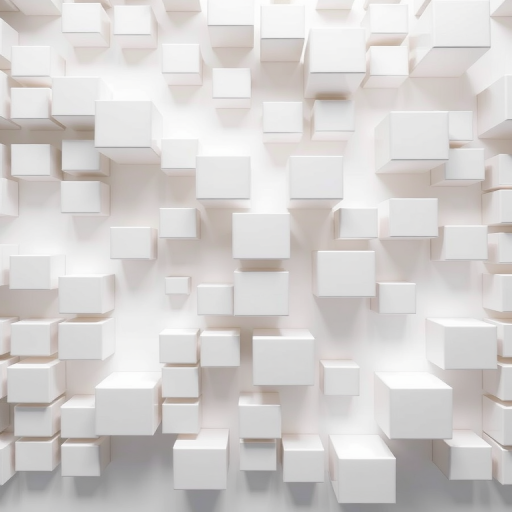 Create a high-resolution 3D render of a seamless arrangement of white cubes in varying sizes and heights on a clean white background, using a DSLR camera with a 50mm lens, aperture f/2.8, ISO 100, and a top-down view at 45 degrees to enhance depth and texture.