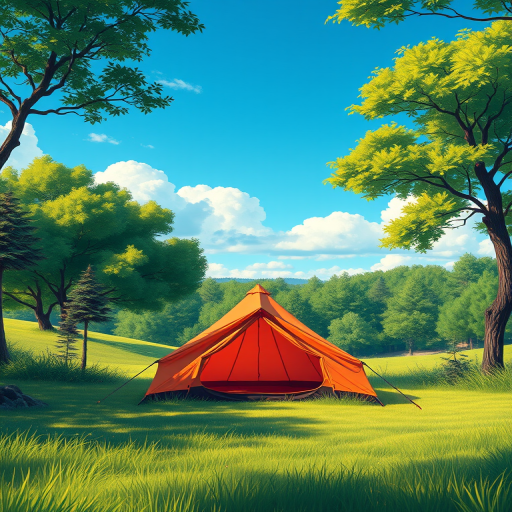 Create a vibrant digital illustration of a tent in a lush green landscape with trees and soft clouds in a clear blue sky, using a DSLR camera with a 50mm lens, aperture f/8, ISO 100, and a wide-angle view for clarity and depth.