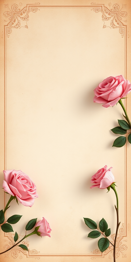 Create an elegant vintage background with soft beige texture, adorned with realistic pink roses positioned on the corners and edges, using a DSLR camera at f/2.8 aperture, 50mm lens for a shallow depth of field, soft natural lighting for a romantic feel.