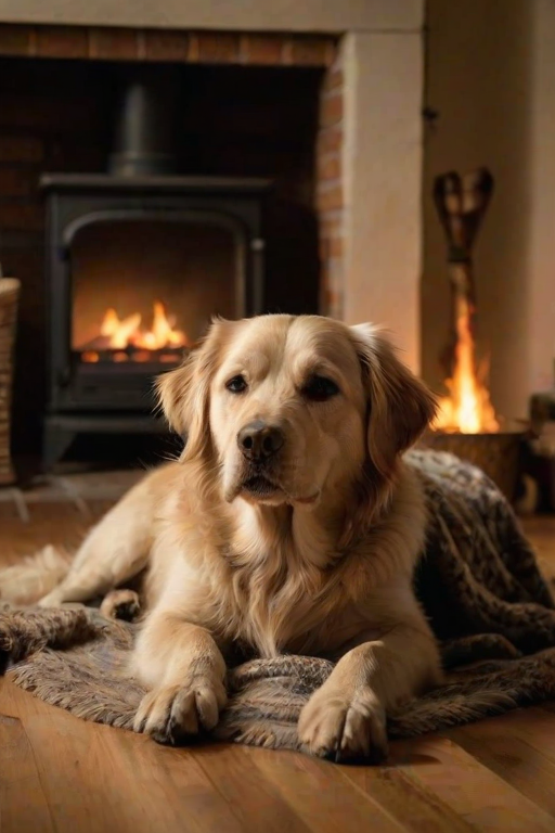 Warm, softly lit image of a dog resting by a fireplace, soft glow from the fire reflecting off the dog's fur, a cozy blanket draped over a nearby chair, soft shadows cast on the wooden floor, a peaceful, quiet atmosphere filling the room.