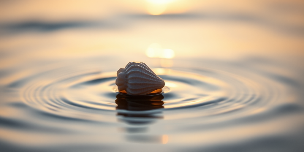 capture a close-up of a seashell floating on calm water during dawn with soft natural light, using a DSLR camera at f/4 aperture, 50mm lens, ISO 100, 1/125s shutter speed, shallow depth of field to enhance details and reflections