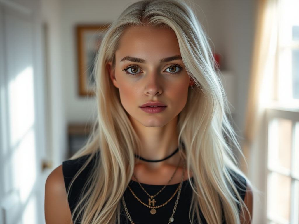 Portrait of a young woman with long white hair and striking red eyes, wearing a black top with layered necklaces, in a softly lit room with a vintage aesthetic, captured with a Canon EOS R5, 50mm lens, f/1.8, ISO 100, natural light, shallow depth of field.