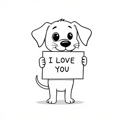 A minimalist cartoon of a PUPPY standing on a blank white background, holding a sign that simply says, 'I LOVE YOU.' The puppy is drawn with just a few lines: big eyes, whiskers, floppy ears, and a straight tail, giving it a comically desperate expression.