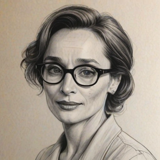 Attractive Kristin Scott Thomas, pencil sketch, portrait of Wonderful woman 1954s in glasses, hair style beatnik, outline, clear lines, fine lines, 8k