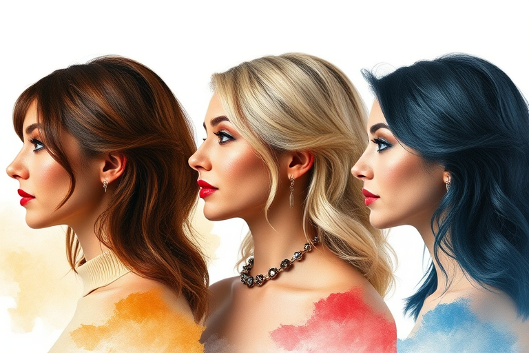 Create a high-resolution portrait with three women in profile view, each with distinct hairstyles and hair colors, incorporating a watercolor effect in the background, shot with a Canon EOS R5 at f/4, 50mm lens, ISO 100, natural lighting.