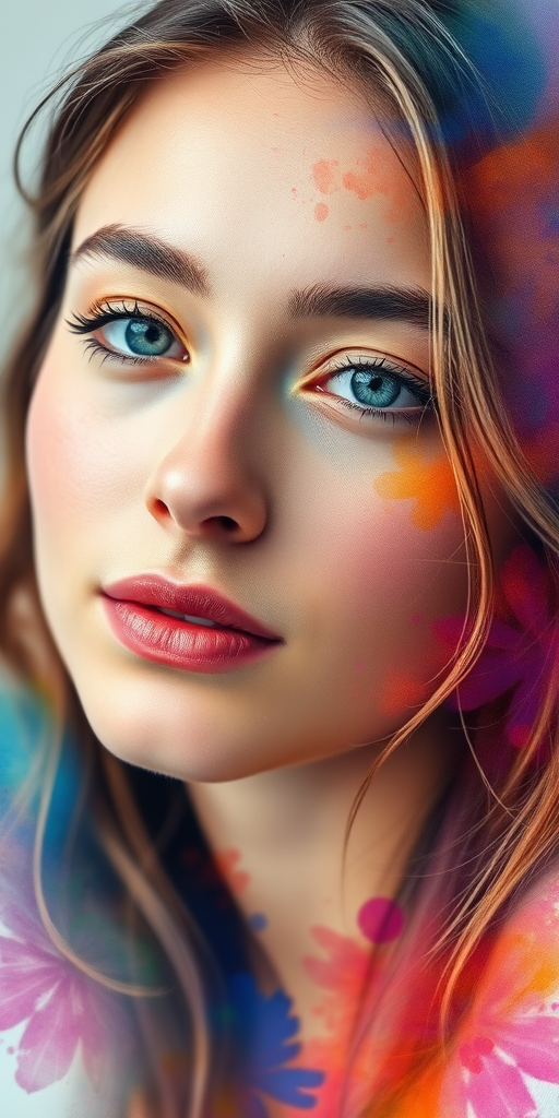 Create a high-resolution watercolor portrait of a young woman with a soft expression, incorporating vibrant, abstract colors blending around her face, using a Canon EOS 5D Mark IV with a 50mm f/1.8 lens, aperture set to f/2.8, ISO 100, and a shallow depth of field for a dreamy effect.