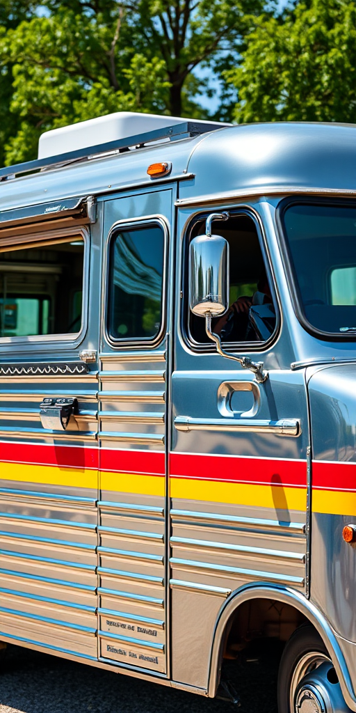 Create a high-resolution image of a retro food truck with a metallic finish and stripes, captured with a DSLR camera at f/8 aperture, ISO 100, 50mm lens, side view, natural light for enhanced details.