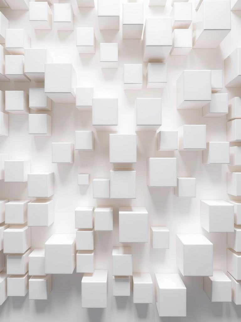 Create a high-resolution 3D render of a seamless arrangement of white cubes in varying sizes and heights on a clean white background, using a DSLR camera with a 50mm lens, aperture f/2.8, ISO 100, and a top-down view at 45 degrees to enhance depth and texture.