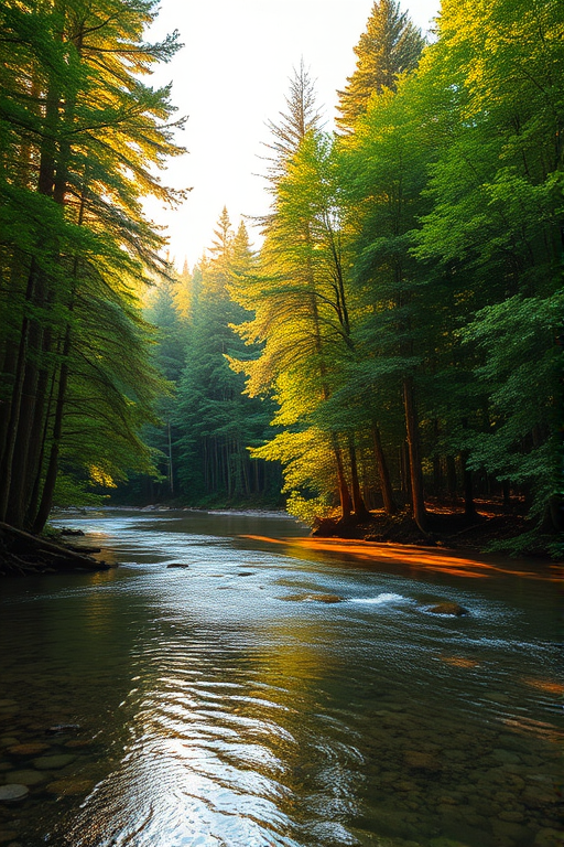 Create an image of a serene, sunlit forest scene with a clear, gently flowing river. Tall trees with lush green foliage line both sides of the river, their leaves bathed in the warm golden light of the setting or rising sun. The sunlight filters through the trees, casting soft, dappled light on the river, which flows over smooth rocks and pebbles, creating a peaceful, natural atmosphere. The sky is bright with a few scattered clouds, and the overall mood is tranquil, evoking a deep sense of connection with nature. The image captures the beauty of a calm, pristine forest landscape at either dawn or dusk.