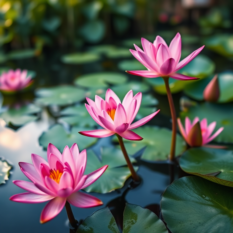 Capture a serene pond scene with vibrant pink water lilies and lush green lily pads under soft diffused lighting, use a macro lens with f/2.8 aperture to create a shallow depth of field, shot with a Canon EOS 5D Mark IV at ISO 200, 1/250 sec shutter speed for crisp details and rich colors.