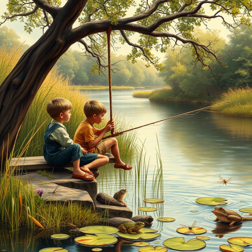 Imagine a small group of old fashioned young boys out fishing by the creek, a swing hanging from a tree branch, reeds and grasses by the water's edge, a frog sitting on a lily pad, dragonflies hovering over som water plans, a very iconic old fashioned scene reminiscent of a Norman Rockwell painting style