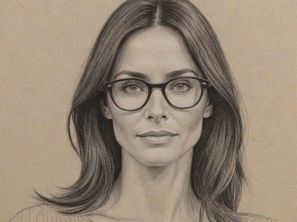 Wonderful Courtney Cox, pencil sketch, portrait of Sublime woman 1973s in glasses, hair style beatnik, outline, clear lines, fine lines, 8k