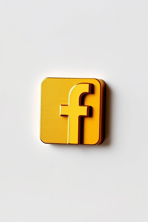 Create a high-resolution image of a shiny gold Facebook logo on a white background, using a DSLR camera with an aperture of f/2.8, ISO 100, and a 50mm lens, shot in a soft natural light setting for enhanced clarity and detail.