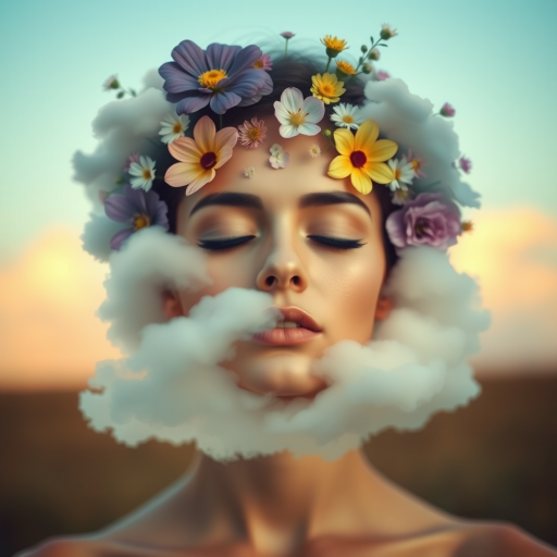 Create a surreal portrait of a serene woman with closed eyes, incorporating vivid clouds and floral elements around her head, capturing the essence of nature, shot with a DSLR camera at f/1.8, ISO 200, 50mm lens, in soft natural light.