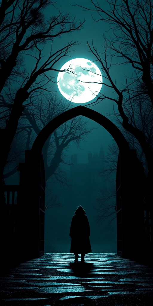 Create a dark fantasy scene featuring a silhouetted figure standing under a moonlit archway, with eerie trees and a gothic mansion in the background, captured with a full-frame camera at f/2.8, ISO 100, 24mm lens, in a high dynamic range style for enhanced contrast and detail.