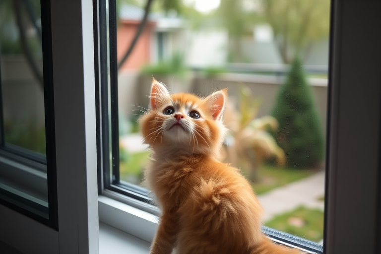A fluffy orange kitten sitting by a window with a curious expression looking up, surrounded by a garden with trees and buildings in the background, natural light illuminating the scene, soft focus on the surrounding area.