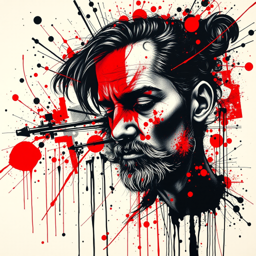 Trash polka tattoo "Urban Symphony" combining bold red and black ink splatters with photorealistic portraits and abstract geometric shapes for a chaotic yet harmonious composition