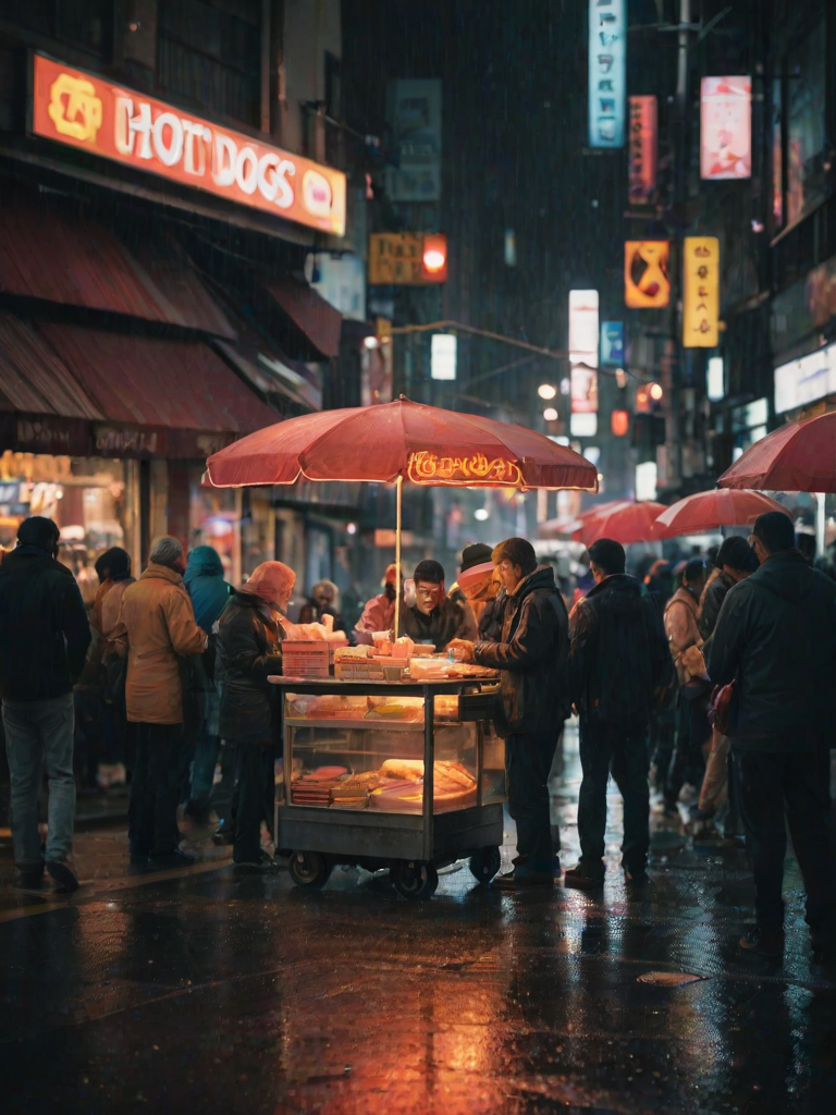 Blurry candid shot of a street vendor selling hot dogs on a busy city corner at night, soft neon lights from nearby shops reflecting off the wet pavement, with pedestrians huddled under umbrellas.
