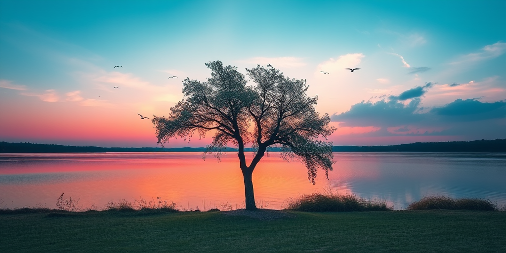 Create a serene landscape image featuring a solitary tree by a tranquil lake during sunset, with a pinkish-blue sky, soft clouds, and birds in flight, captured with a Canon EOS R5, 24mm lens, f/8 aperture, ISO 100, in landscape orientation.