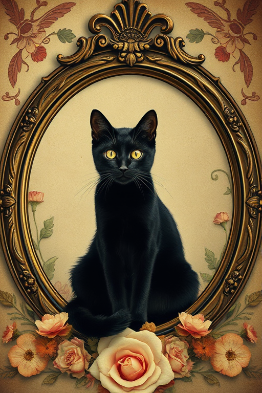 Create a vintage-style image of a black cat sitting inside an ornate circular frame surrounded by floral elements, use a Canon EOS R5 with a 50mm lens, aperture f/1.8, ISO 100, and a soft focus filter for an artistic touch.