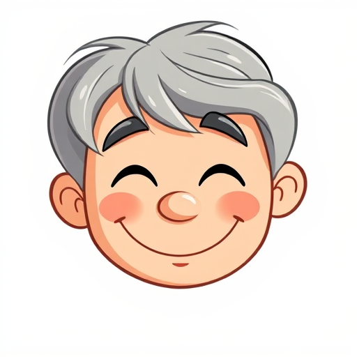 Create a high-resolution image of a simplistic cartoon-style smiling face with gray hair, shot with a Canon EOS R5 at f/4.0, ISO 100, 50mm lens, in soft natural light, with a clean white background and vibrant colors to enhance image quality.
