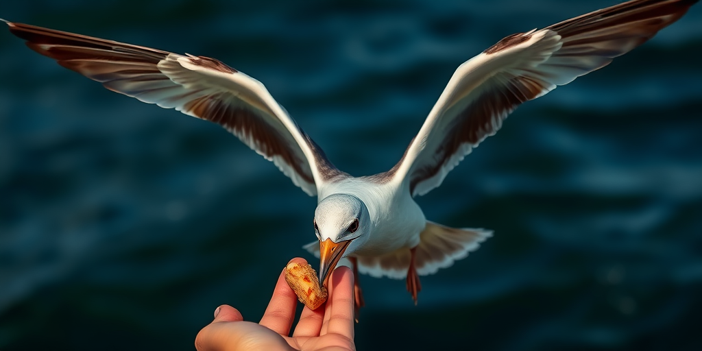 Capture a close-up shot of a seabird in mid-flight, with its wings fully spread, reaching towards a hand holding a piece of food, using a Nikon D850 at f/4, 1/2000s, ISO 400, with a 70-200mm lens, natural light, and a shallow depth of field for a crisp background.
