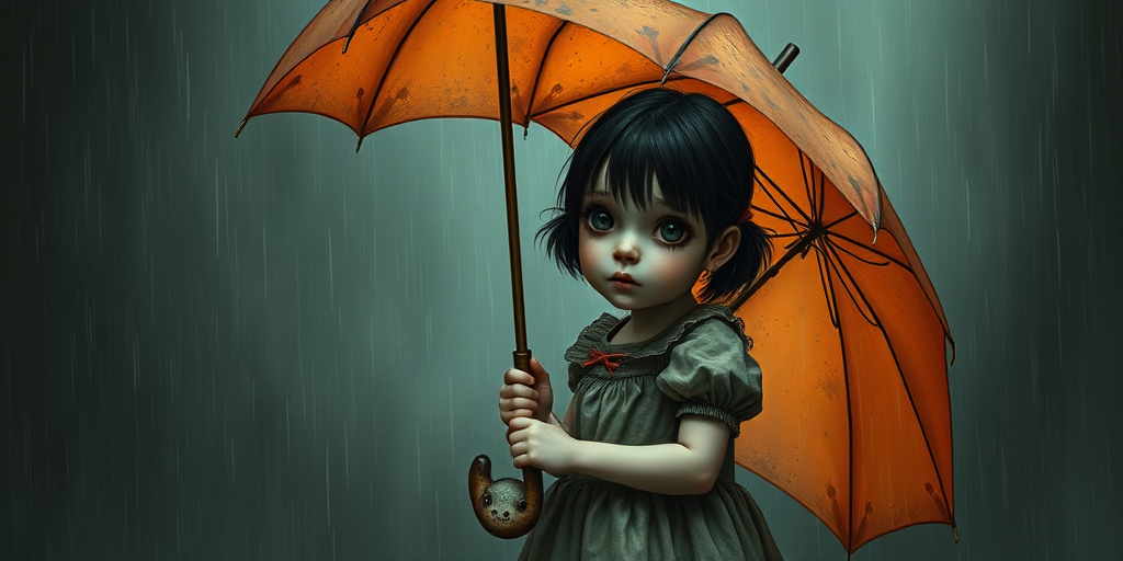 An eerie, weird little girl with dark hair in thin pigtails, wearing a smock dress, standing in the rain, holding a dirty orange umbrella, a small, odd creature beside her. In a surreal style inspired by Nicoletta Ceccoli and Brian Froud. Dark fantasy themes