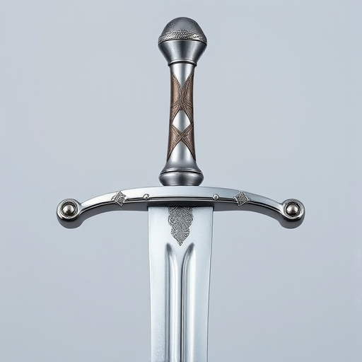 Create a high-resolution image of a silver sword with a detailed hilt, using a Canon EOS R5 camera, 50mm lens, f/1.8 aperture, 1/200 sec shutter speed, and natural lighting for a polished look.