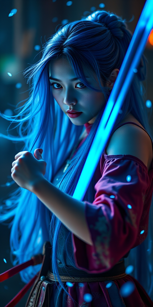 Regenerate an ethereal fantasy image of a young woman with long blue hair holding a katana, surrounded by glowing blue light and falling particles, using a Canon EOS R5 camera with a 50mm f/1.2 lens, shot at f/1.2 to create a shallow depth of field, with a soft focus background and vibrant color saturation, and a slightly low-angle view for dramatic effect.