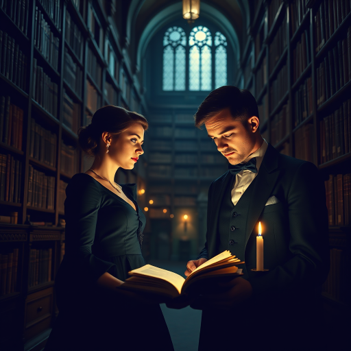 Create a dimly lit, atmospheric scene of a gothic library filled with towering shelves of books, featuring a woman in an elegant black dress and a man in a Victorian suit, both gazing in awe at an open book illuminated by candlelight, captured with a DSLR camera at f/2.8, ISO 200, 50mm lens, in portrait view, using soft focus and rich saturation to enhance the enchanting quality of the image.