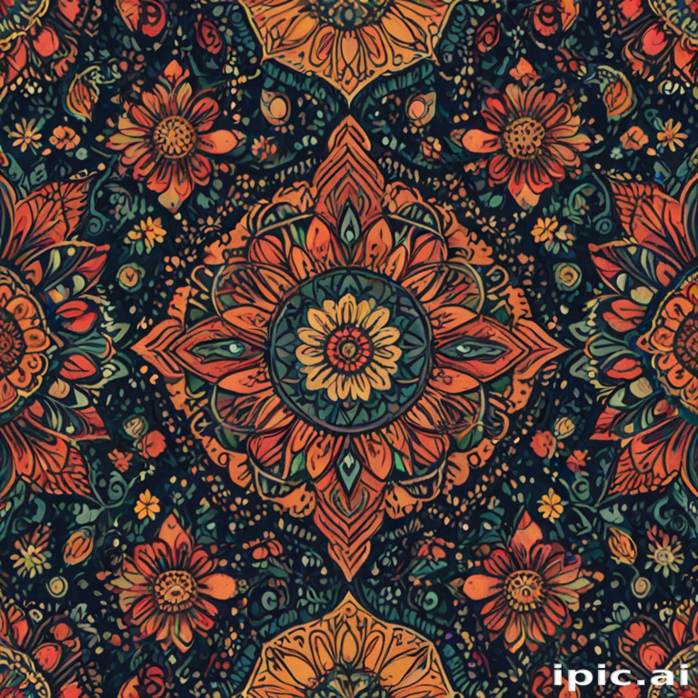 Intricate Floral Pattern with Vibrant Colors and Detailed Mandala Design