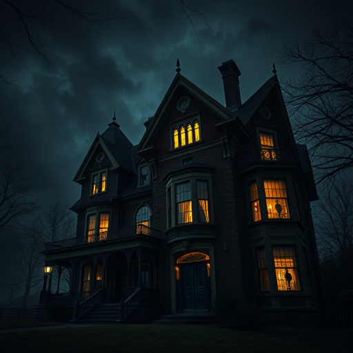 haunted house at night with glowing windows and stormy sky, dramatic lighting, eerie atmosphere, use a DSLR camera, 24mm lens, f/8 aperture, ISO 200, 1/60s shutter speed, wide-angle shot