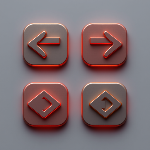 Create a high-resolution digital illustration of four arrow buttons (two left and two right arrows) in a sleek and modern design, with a glossy finish and subtle shadows, using a Canon EOS R5 camera with a 50mm f/1.2 lens, aperture set at f/2.8, ISO 100, and soft diffused lighting to enhance the image quality.