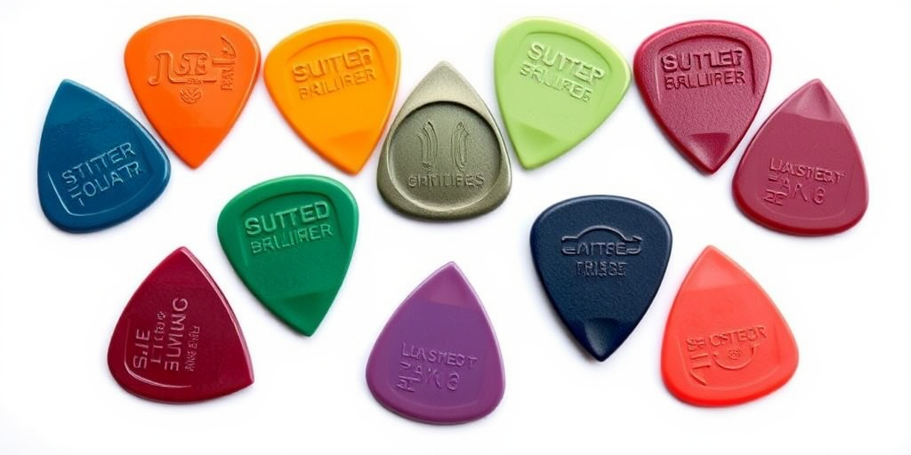 Create an image of a row of ten guitar picks in various colors and textures, including glossy and matte finishes, with a focus on high detail and vibrant colors, photographed using a DSLR camera at f/4 aperture, ISO 100, 50mm lens, top-down view, studio lighting, and a white background to enhance clarity and contrast.